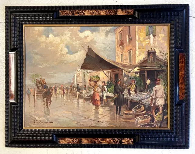 ANTICO QUADRO DIPINTO OLIO Salvatore Balsamo MERCATO DEL PESCE CORNICE GUILLOCHE