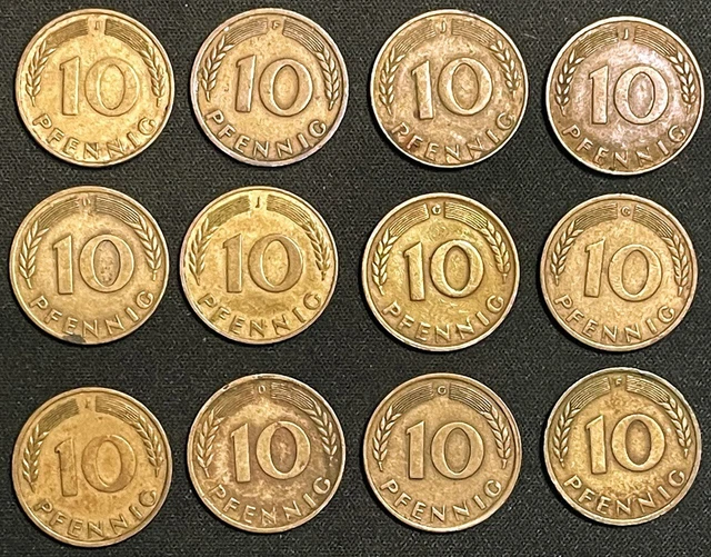 1949 Germany 10 Pfennig Brass Coin LOT OF 12 German Coins KM# 103 Europe Money
