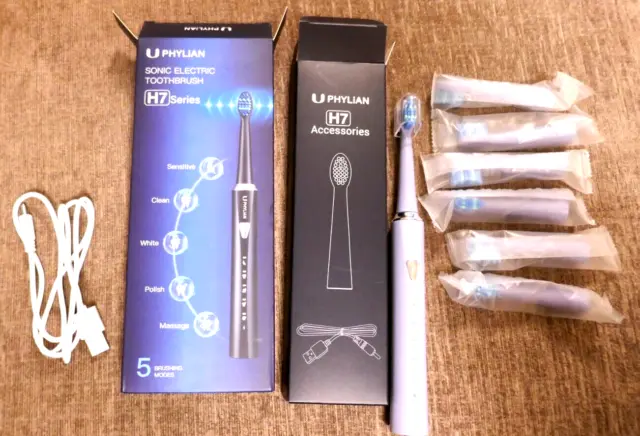 Cepillo de dientes eléctrico Phylian H7 Sonic violeta 8 cabezas 5 modos recargable NUEVO