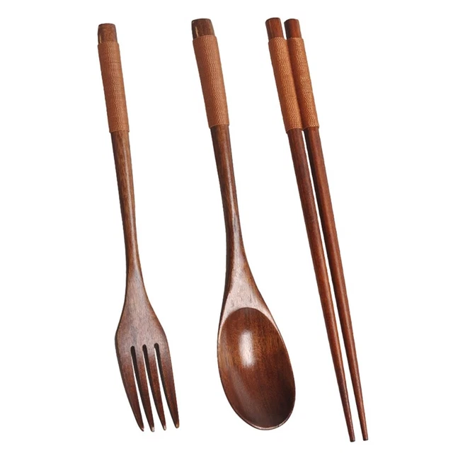 Set posate in legno, set portatile in legno cucchiaio forchetta bacchette stoviglie Di Y9U4