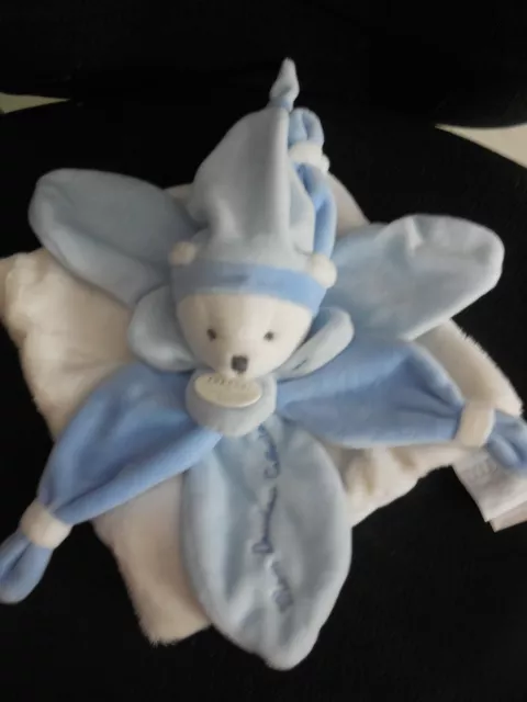 DOUDOU ET COMPAGNIE ours Collector plat blanc pétales bleu J'aime mon doudou