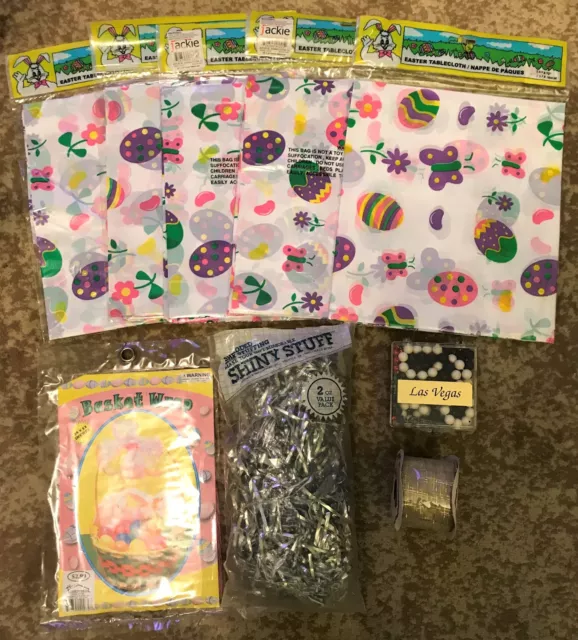 Easter Basket Bundle Lot Tablecloth/Covers,Net Wrap,Shiny Stuffing,Ribbon,Beads
