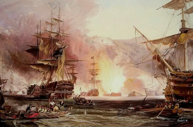 paysage marin guerre navale bateaux tableau peinture huile sur toile / war navy