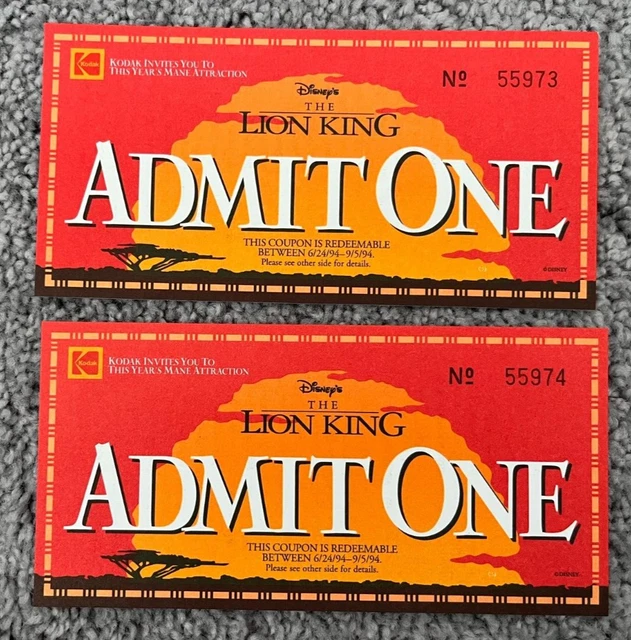 DISNEY LION KING Commemorative Movie Ticket Set of 2 (KODAK) 1994 49.