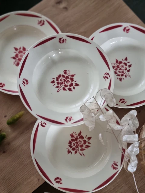 Lot De Six Assiettes Creuse Badonviller Motif Fleurs Bordeaux