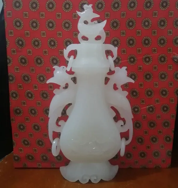 Chinese Natural White Jade Hand-carved Dragon Phoenix Vase Decoration 43214