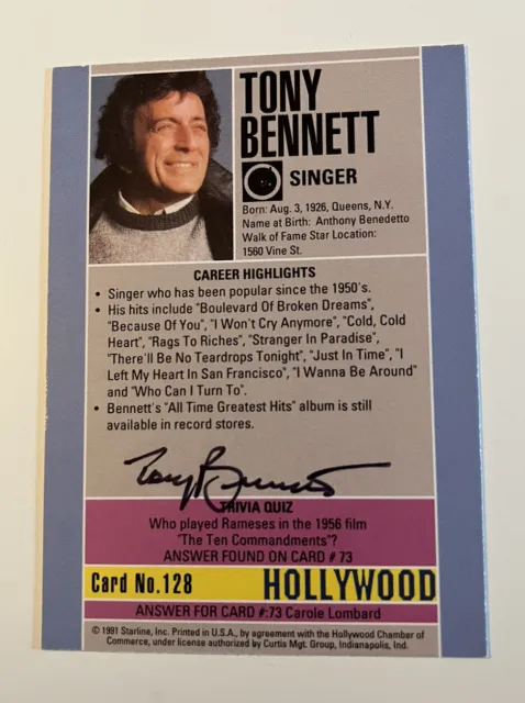 1991 Hollywood Walk Of Fame Tony Bennett SIGNED AUTO Autograph Card Music Artist