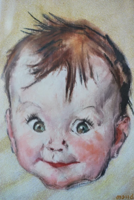 Vintage Framed Maud Tousey Fangel Lithograph of Spiky Haired Baby Boy c. 1935