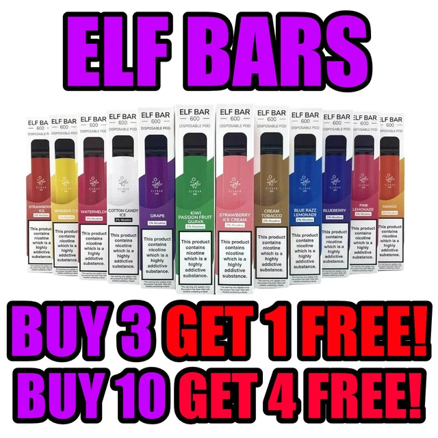 ELF BAR 600PUFFS Disposable Vape Bars 20mg Pod Kit 2 Nic Salt BUY 4