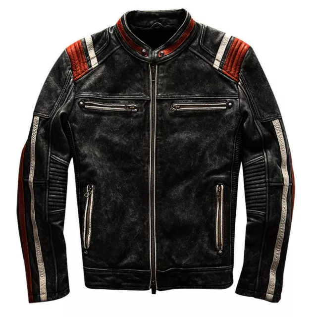 Men's Vintage Motorcycle Cafe Racer Biker Retro Moto Distressed Leather Jacket