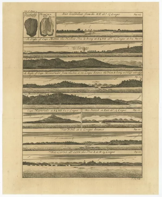 Antique Print with views of the Liberian coastline by Kip (1744)