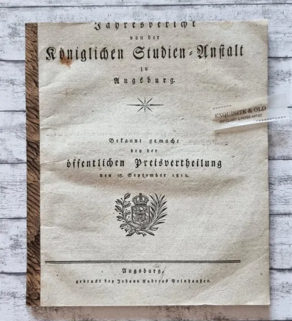 1812 Jahresbericht Königlichen Studien Anstalt Augsburg Schüler Liste Broschüre