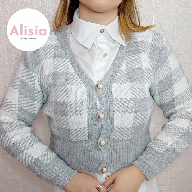 Cardigan grigio da donna tg S/M quadri modello corto con bottoni perle bianche