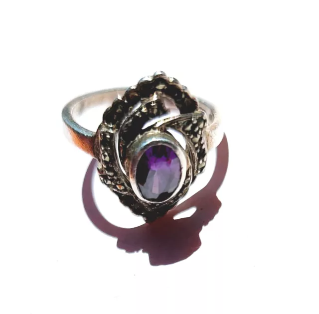 Natural Amethyst and Marcasite Cluster 925 Sterling Silver Vintage Ring Size 6.5