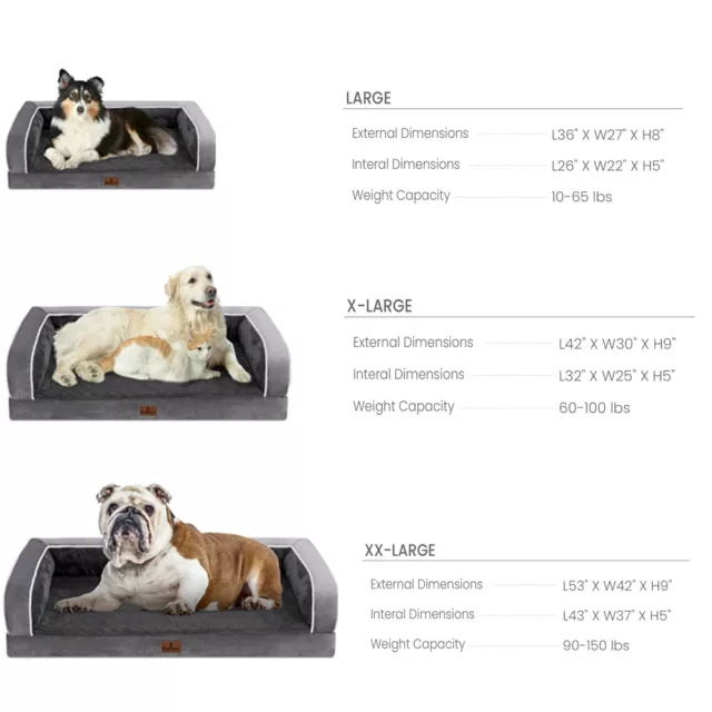L/XL/XXL DarkGray Dog Bed Orthopedic Memory Foam Waterproof Sofa w/Bolster Cover