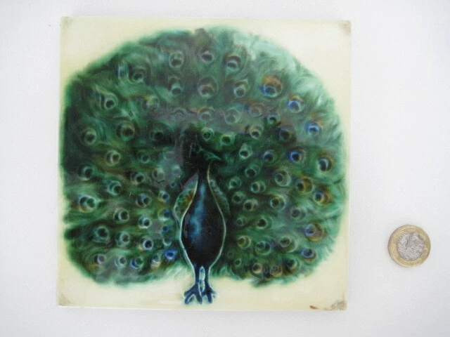 RICHARDS ENGLAND TILE STYLISH ART NOUVEAU PEACOCK DESIGN TUBELINED MAJOLICA 6x6