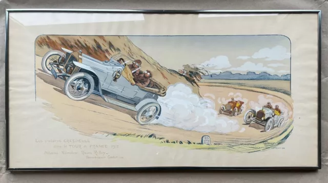 Lithograph hand-colored print Tour de France 1912 Crespelle Autos Gamy Montaut