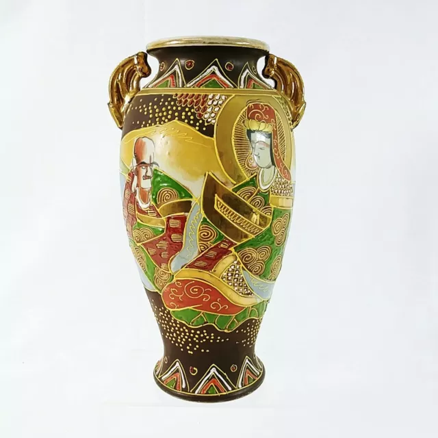 Satsuma Japanese Vase Enamel Moriage Details Gold Immortals 12" Handles