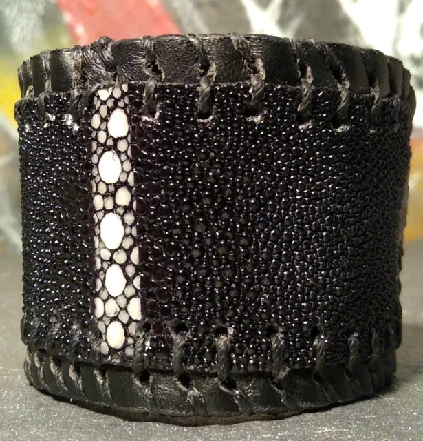 STINGRAY Skin Leather Handmade Artisan Cuff Bracelet Black w/White, Snap Closure