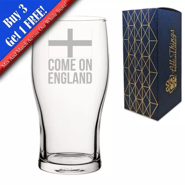 Engraved Football Pint Glass, Come On England Flag Design, Gift Boxed