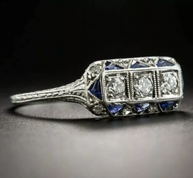 Art Deco Vintage Style Lab Created Diamond & Sapphire Engagement 925 Silver Ring