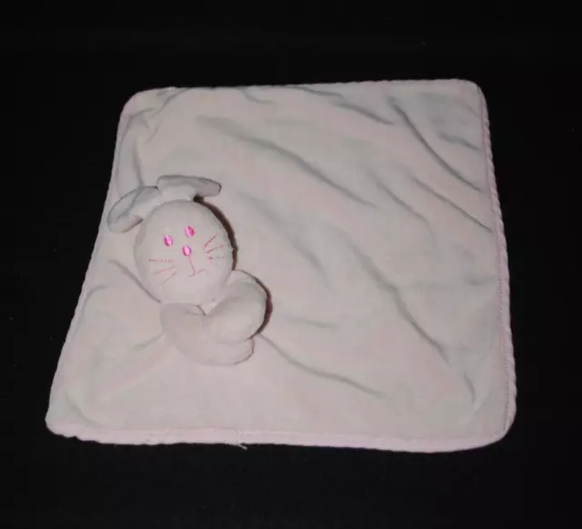 Doudou lapin rose plat visage brodé verso rose vichy carreaux TTBE