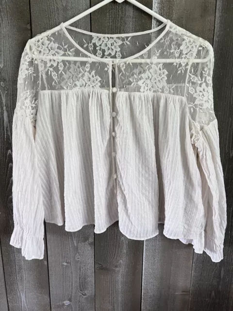 Free People Womens Ivory Top Fabrics & Lace Peasant Style Button Front SZ M