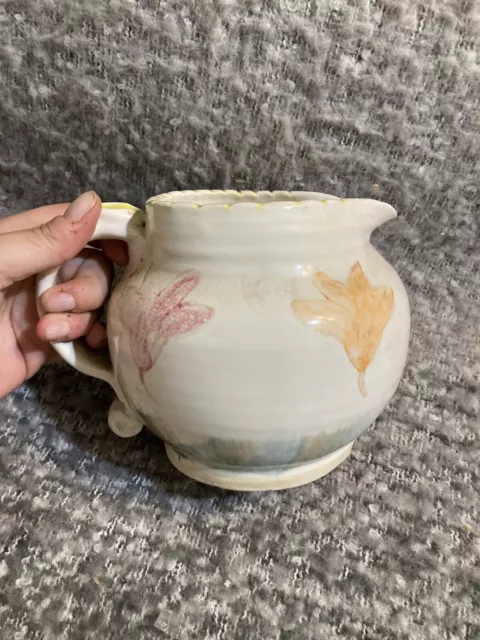 Vintage Hand Painted Thrown Creamer Studio Art Stoneware Pottery Pitcher Flower