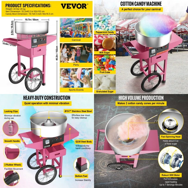 1000W MACCHINA PER Zucchero Filato Carretto con Cupola Cotton Candy