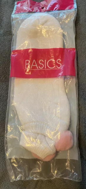 Vintage NIP 80s Basics White Tennis Sports Socks Pink Pom Pom 9-11