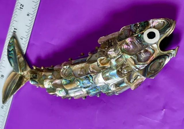 VINTAGE MEXICAN ABALONE ARTICULATED FISH BOTTLE OPENER 7.75 Inches