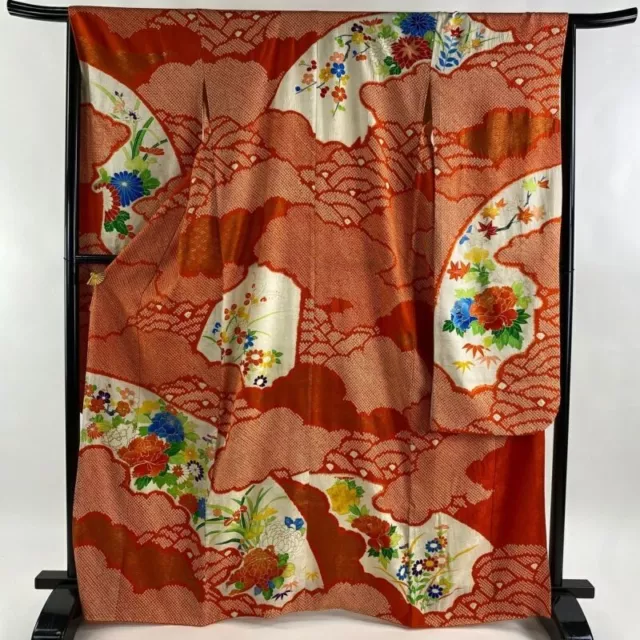 Japanese Kimono Furisode Pure Silk Flowering Plants Cloud Embroidery Deep Orange