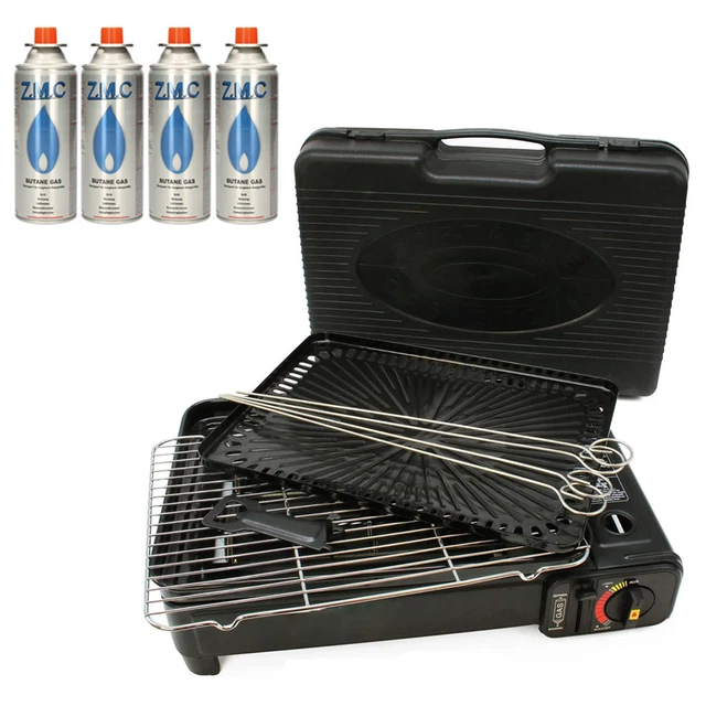 ZMC Gas Kocher Campingkocher + Grillplatte Gasgrill Outdoor + 4x Gaskartuschen