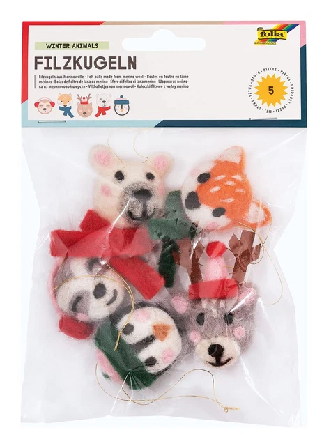 Folia 5290 Balls Winter, 5 Cute Animal Figures Made of Felt Wool for Hanging as