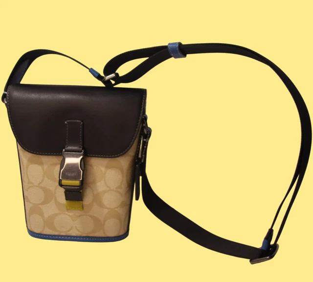 mens  coach beige canvas blue track small flap tiny city bag crossbody leather