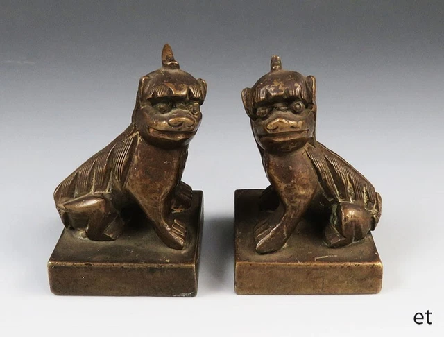 Pair Antique Mid 19th Century Bronze Chinese Foo Dog Chops / Seals