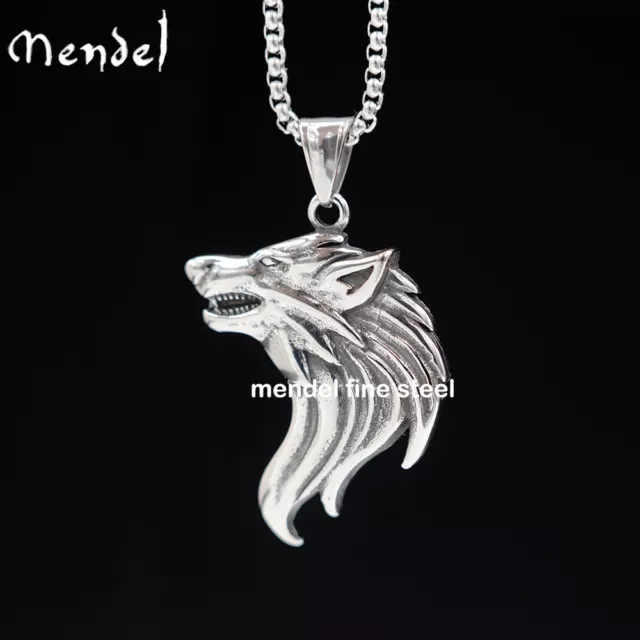 MENDEL Mens Stainless Steel Viking Fenrir Wolf Head Pendant Necklace Men Silver