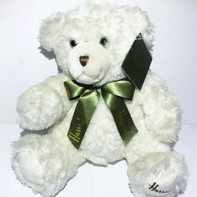 Vintage My Harrods Teddy Bear White Green Bow Plush Medium Stuffed Animal