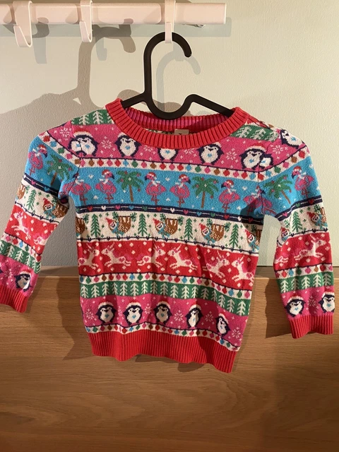 Girls Kids Christmas Jumper 2-3 Years Tu Pink Red Penguin Light Weight Knitwear