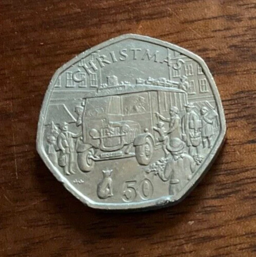 1987 ISLE OF Man Christmas 50p coin. Beautiful & cute old style bus ...