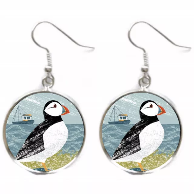 PUFFIN Earrings Bird Lover Gift ART PRINT Silver Charm Dangle Earrings