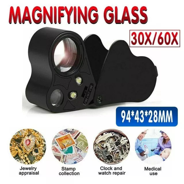 60X 30X Pocket Jewellers Eye Loupe Magnifier Jewelry Magnifying Glass LED Light