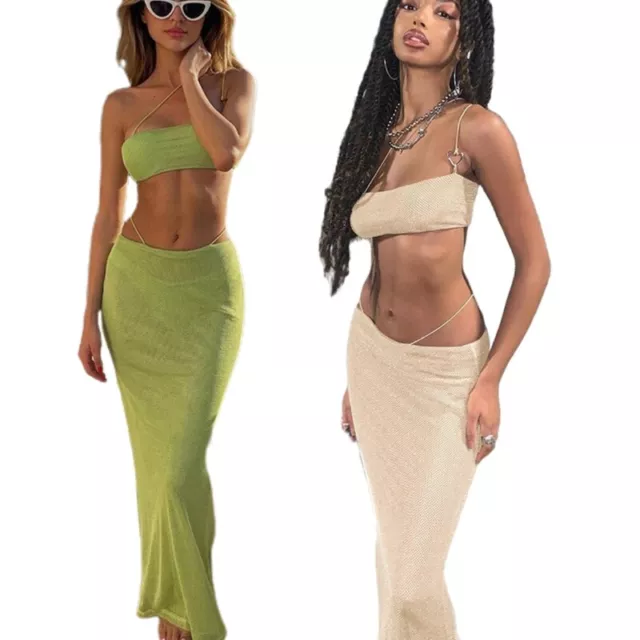 Women 2pcs Strappy Tube Top Long Skirt Set Shimmer Metallic Mesh Beachwear