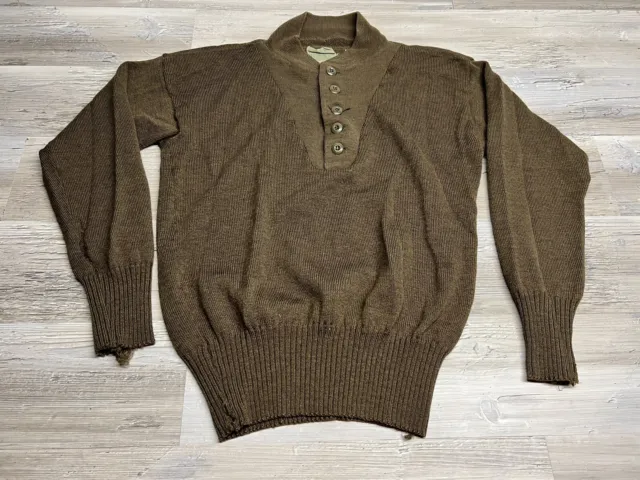 Vintage US Army Wool Sweater Mens Large L Brown Henley Military Issue Knit