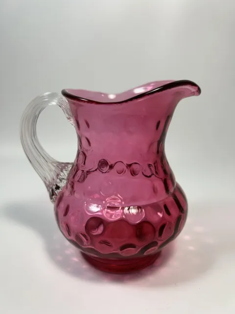 Vintage Cranberry Glass Coin Dot Thumbprint Pitcher w/ Clear Ribbed Handle