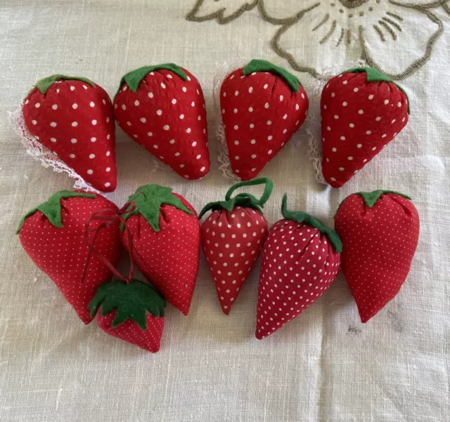 10 Vintage 3” Handmade Fabric/Felt Red Strawberry Sewing Needle Pin Cushions