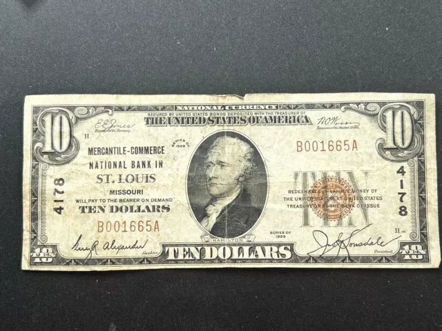 1929 $10 National Currency Mercantile Commerce National Bank St Louis Missouri