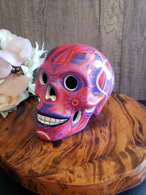 Hand Painted Pink/Red/Purple Clay Day of the Dead Skull Figurine/Lantern