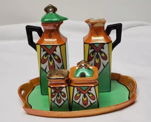 Hand Painted Lusterware Condiment Set 7 pieces Oil Vinegar Salt Pepper Tray 1950