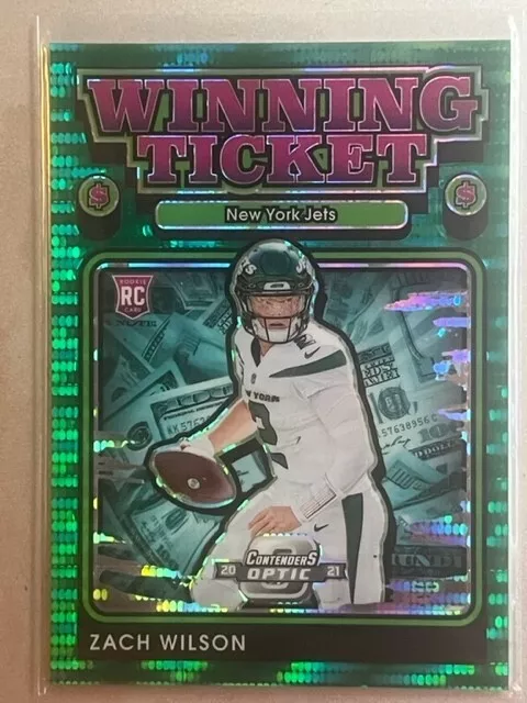 2021 Contenders Optic Zach Wilson Jets Rookie Winning Ticket Green Pulsar /30